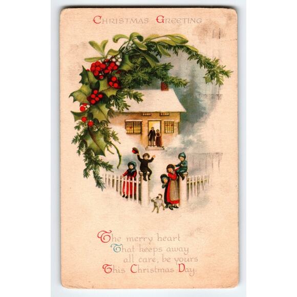Vintage 1924 Christmas Greeting Postcard with Family Scene & Holly - Picture 1 of 2